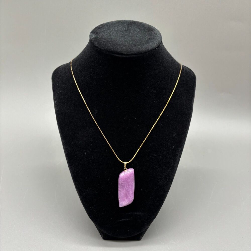 Vintage Lepidolite Pendant Necklace Purple Stone Gold Tone Chain Healing Crystal